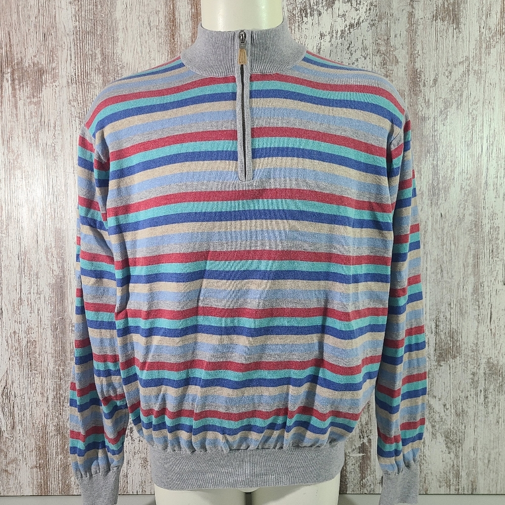 Men's Peter Millar 1/4 zip pullover merino wool Multicolored striped sweater XXL